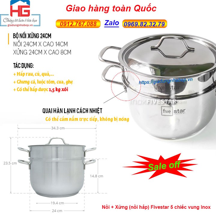 Bộ nồi inox fivestar 5 chiếc 3 đáy từ vung Inox