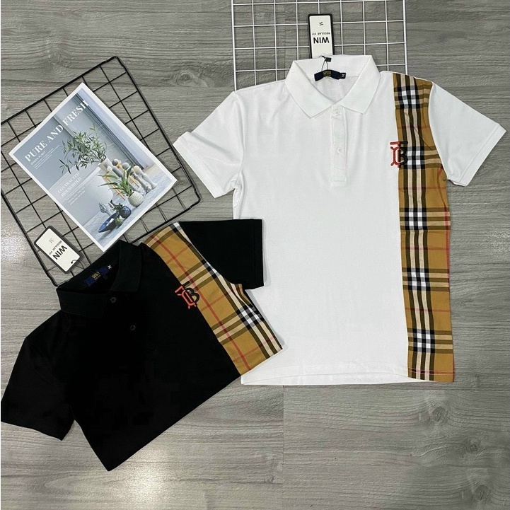Áo thun nam ngắn tay cổ bẻ thêu chữ mix vải caro độc lạ thun cotton co giãn Hàn Quốc