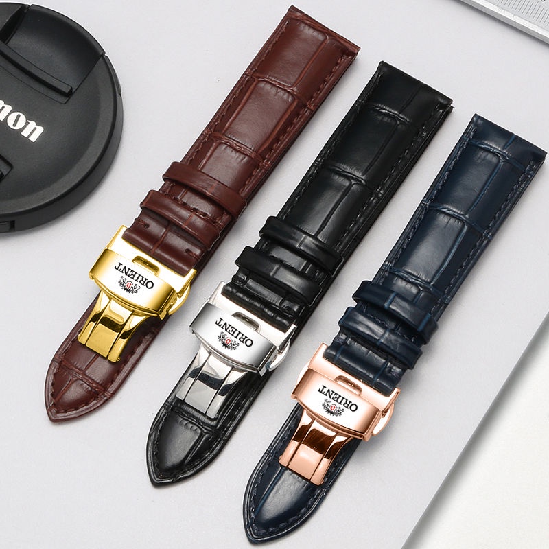 9-11✈Dây Đeo Bằng Da Thật Có Khóa Hình Hai Con Sư Tử 18 / 20 / 22mm Cho Đồng Hồ orient orient