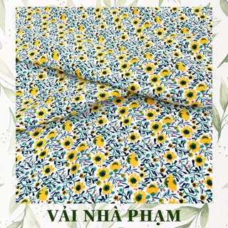 Vải lụa mango hoa nhí vàng nền trắng kem - khổ vải 1.5m - vải nhà phạm