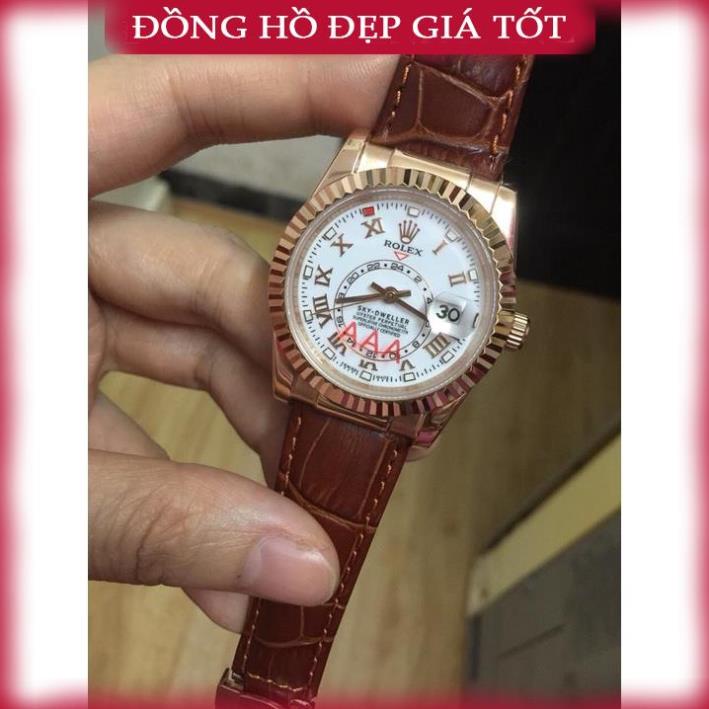 Đồng hồ Nam Ro-lex cơ automatic dây da vỏ vàng hồng , vàng gold 36mm