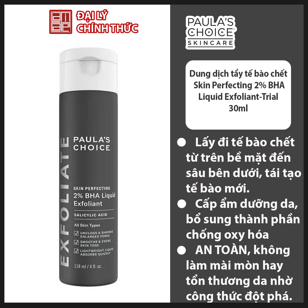 Dung dịch loại bỏ tế bào chết 2% BHA-Loại nhỏ Paula's Choice Skin Perfecting 2% BHA Liquid Exfoliant-Trial-30ml M2016