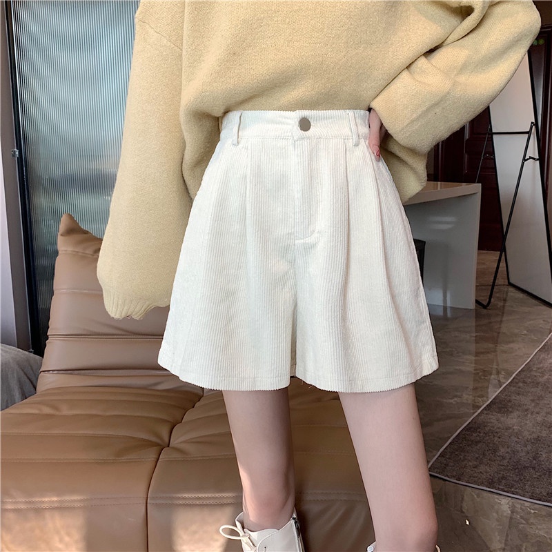 Xiaozhainv Quần ngắn vải nhung lưng cao dáng rộng thời trang dành cho nữ với 3 màu tùy chọn