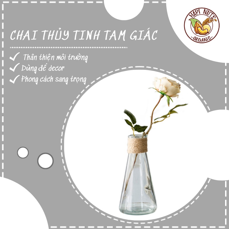 Chai, Lọ Thủy Tinh Hình Tam Giác Có Nút Bần Dùng Decor, Uống Sinh Tố, Sữa Hạt, Cắm Hoa 350ML