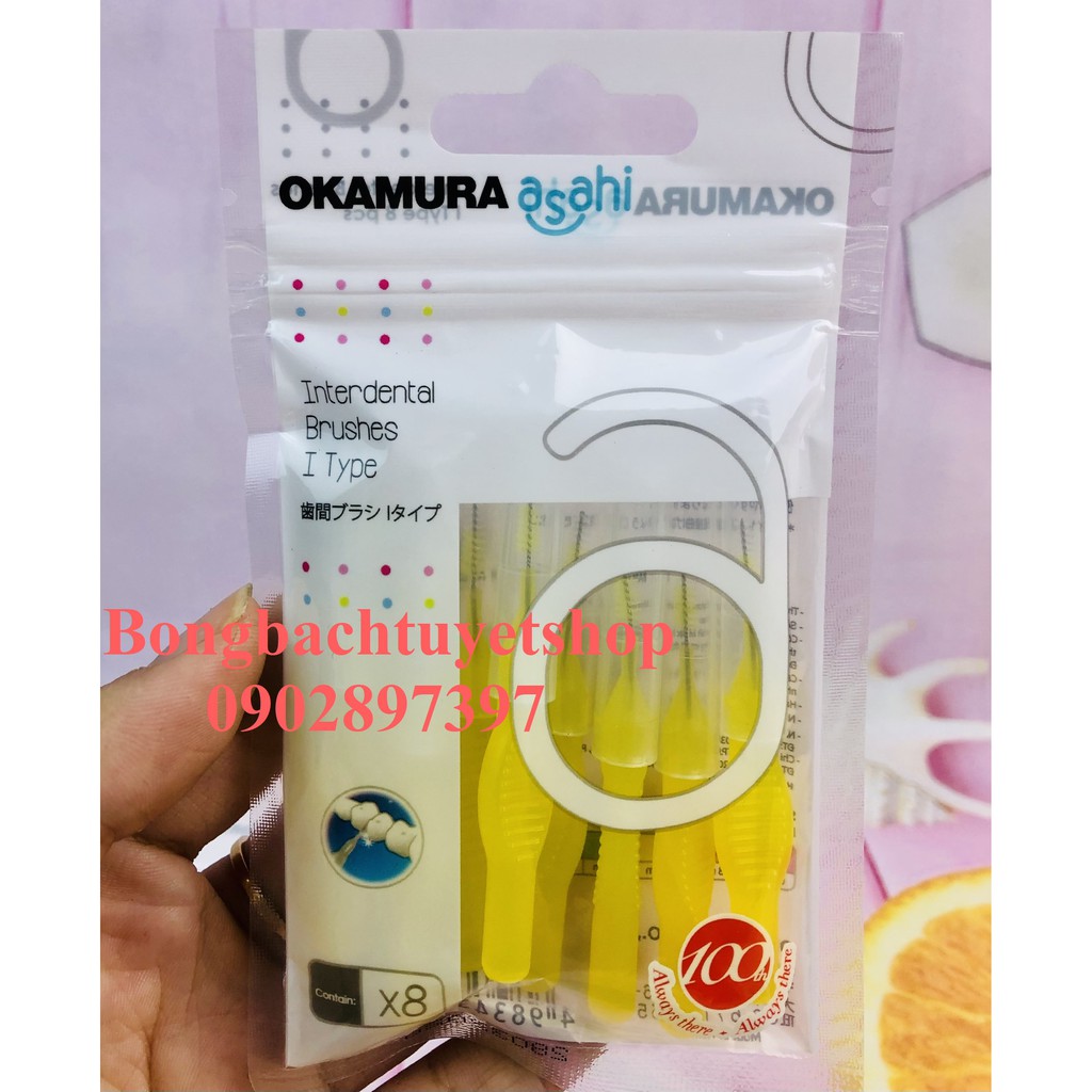 Bàn chải kẽ Okamura Asahi dạng chữ i chăm sóc răng miệng 8 cái/ bịch chất lượng Nhật Bản