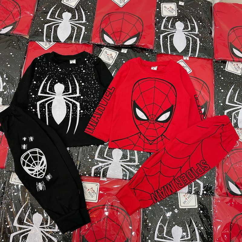 Bộ Quần Áo Dài Tay Thu Đông In Hình Siêu Nhân Người Nhện Vải Cotton pha tổng hợp Cho Bé Trai Từ 10-22kg