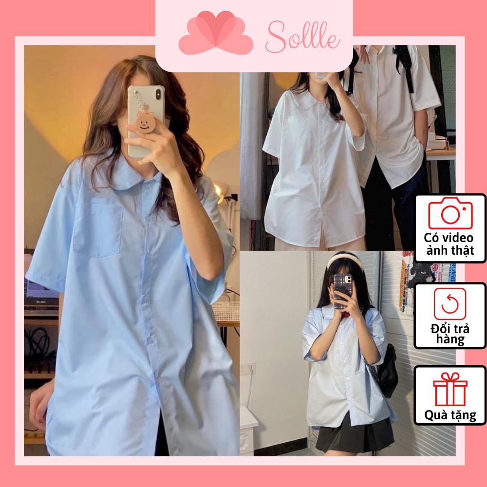 Áo sơ mi cổ sen ngắn tay học sinh trắng xanh basic rộng oversize Hàn Quốc Sollle ASM010