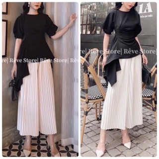 Set áo đen bèo quần lửng pli