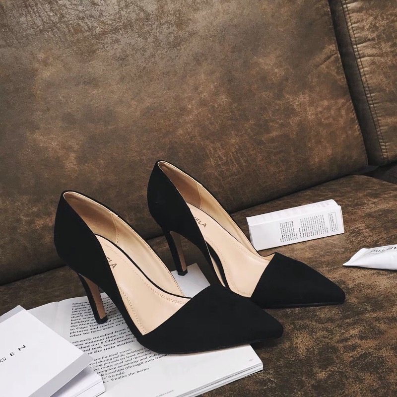 Giày cao gót khoét eo da lộn - 7P