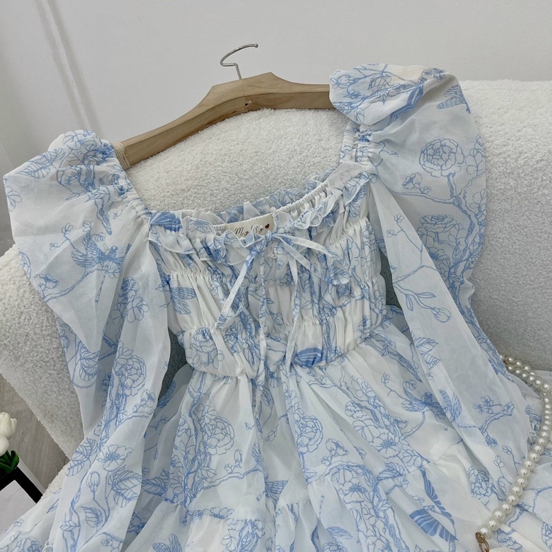 Đầm Hoa Xanh Bo Thun Ngực Thắt Nơ 🦋FREESHIP🦋