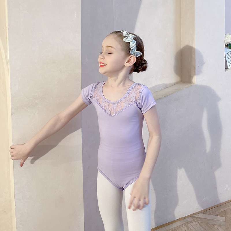 Đầm Múa Ballet Tay Ngắn Phối Ren Màu Tím Thời Trang Mùa Hè Cho Bé Gái
