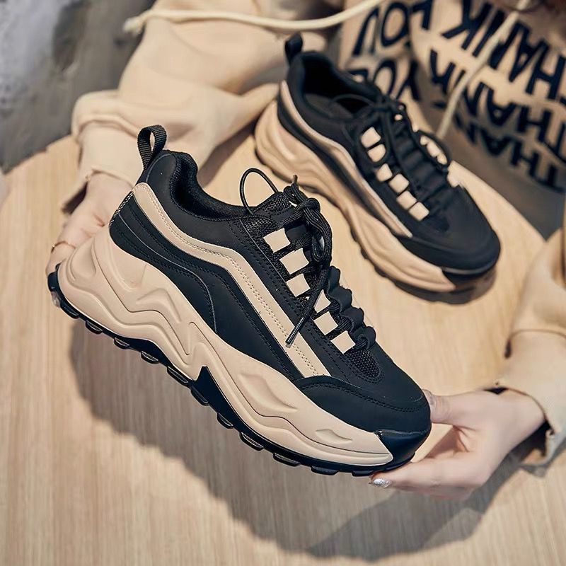 CHZK Giày thể thao sneaker nữ chất da phối vải thoáng khí đế 2 lớp độn đế 5cm HQ156