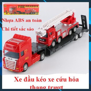 Xe đồ chơi mô hình xe đầu kéo xe cứu hỏa thang trượt (gồm 2 xe) chi tiết sắc sảo, nhựa ABS an toàn, kích thước lớn