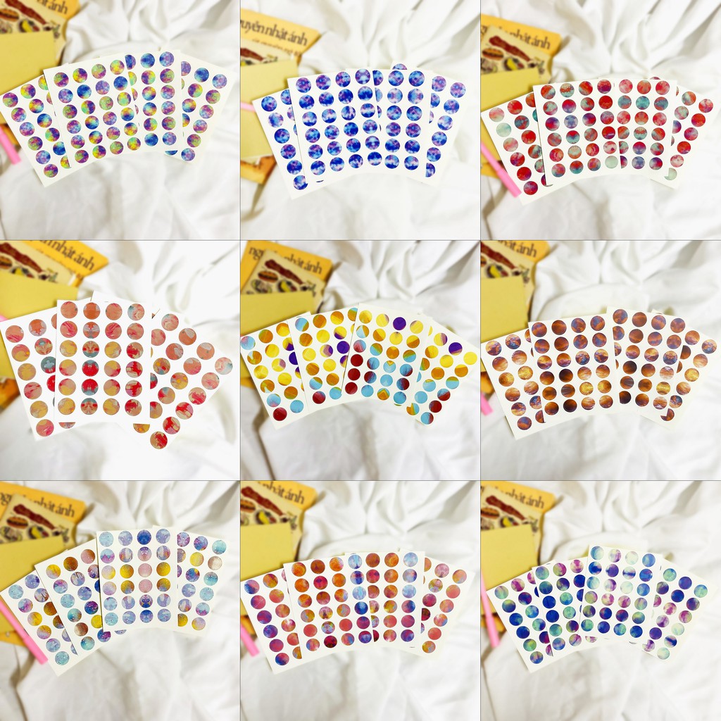 Bộ 96 sticker tròn màu sắc nghệ thuật dán trang trí Bullet Journal,laptop, máy tính bỏ túi, vali, đt,.....