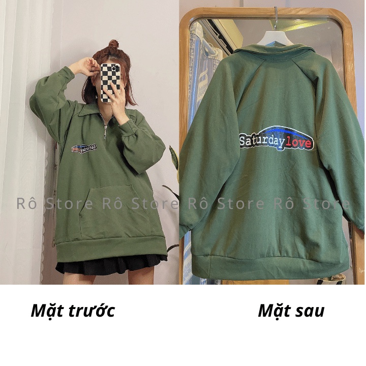 Áo polo nỉ sweater có cổ khóa form rộng unisex nam nữ in chữ Staturday siêu ngầu RÔ STORE PL02