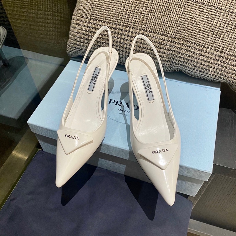 Giày cao gót mũi nhọn quai hậu thương hiệu Prada da thật cao cấp