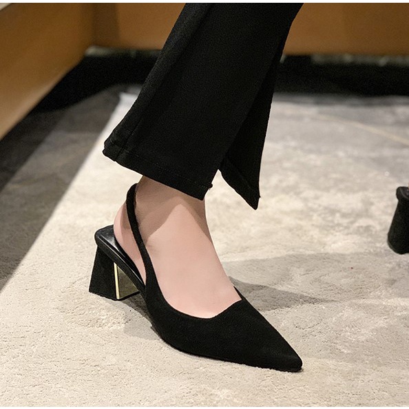 Giày Mules slingback da lộn mũi nhọn quai chun đế tráng gương công sở