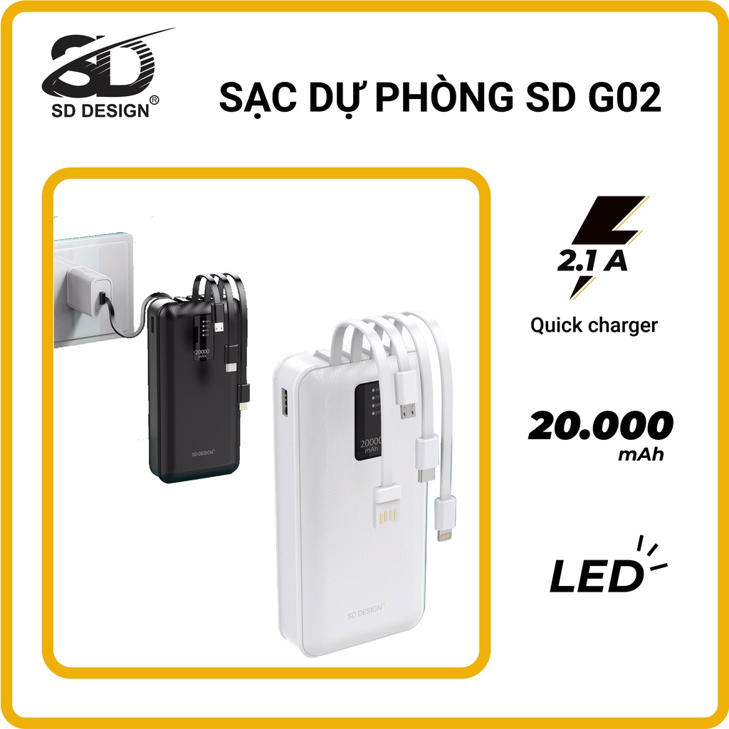 Sạc Dự Phòng Chính Hãng SD DESIGN G02 Dung Lượng 20.000 Mah Với Đầy Đủ Chân Sạc Cho Samsung, Xiaomi, Oppo, ...