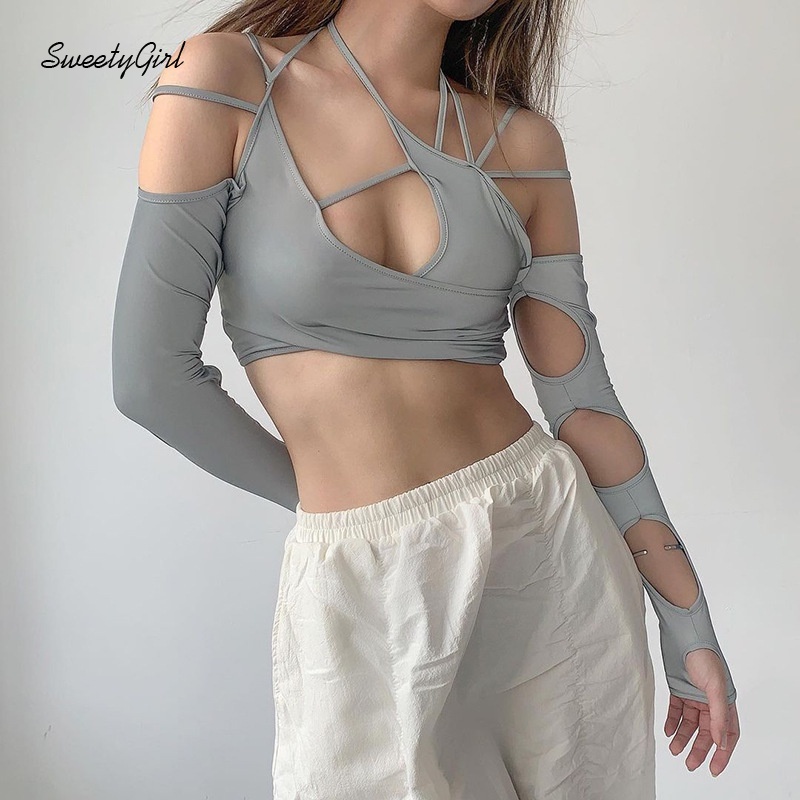 Áo Croptop Tay Dài Màu Trơn Dáng Ôm Thời Trang Cho Nữ