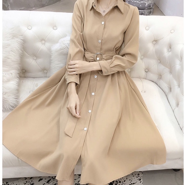 Đầm váy sơ mi kem tay dài kèm belt
