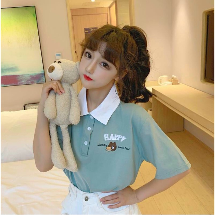 Áo Polo Nữ Form Rộng Unisex IN CHÚ GẤU HAPPY Freesize Áo Thun Nam Nữ Form Rộng TTQ0024