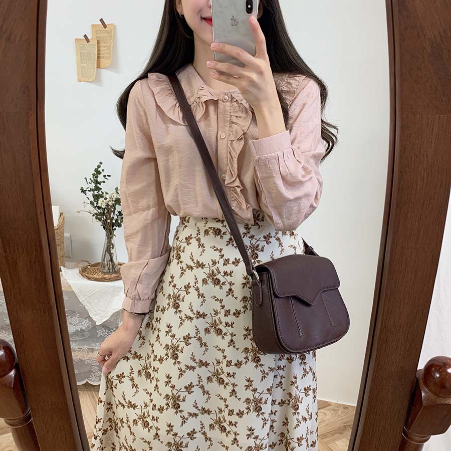 Áo Sơ Mi Dài Tay Cổ Búp Bê Màu Trơn Đơn Giản 30680