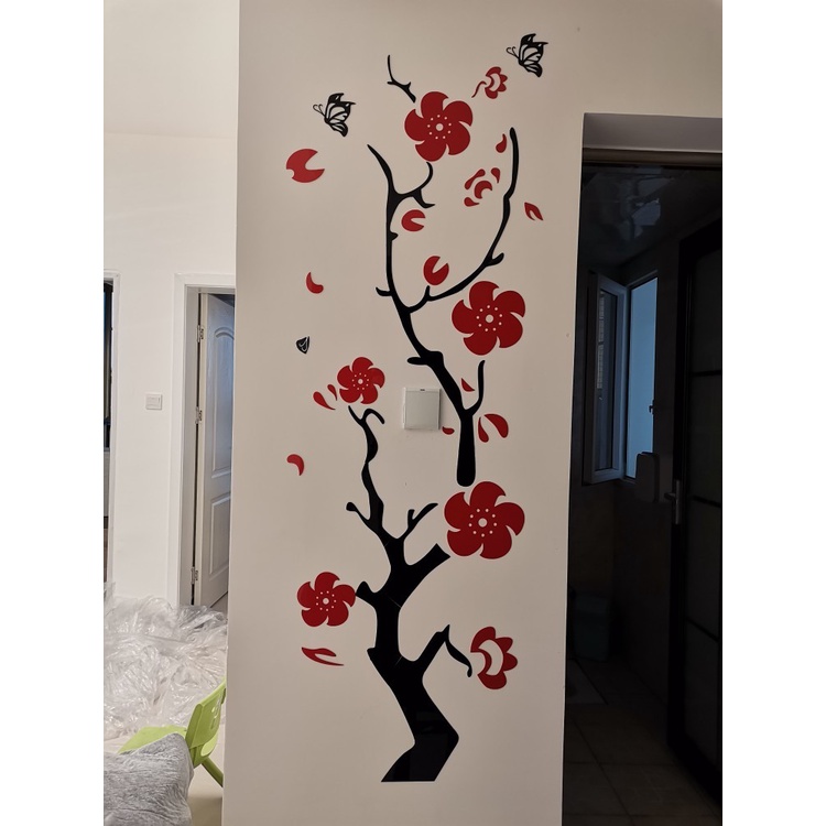 Tranh trang trí tết 2023 - Tranh dán tường mica 3d cây hoa đào chúc mừng năm mới trang trí phòng khách, phòng ngủ