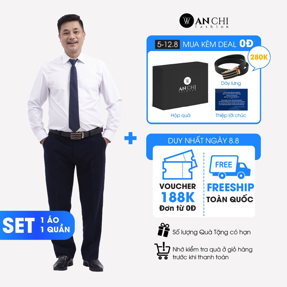 Combo Áo Sơ Mi Nam Classic Dài Tay Trắng Và Quần Âu Xanh Than Trung Niên ANCHI Cao Cấp