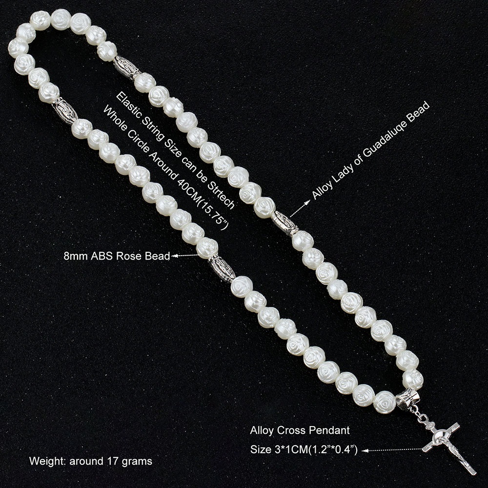 Vòng Tay Chuỗi Hạt Đá Hoa Hồng Trắng Phối Mặt Thánh Giá Thanh Lịch