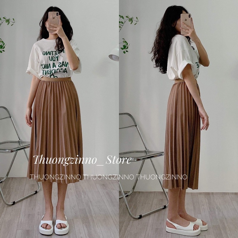 [Ảnh thật/Video] Chân váy midii xếp li nhẹ nhàng tiểu thư Chân váy dài chun eo Quảng Châu