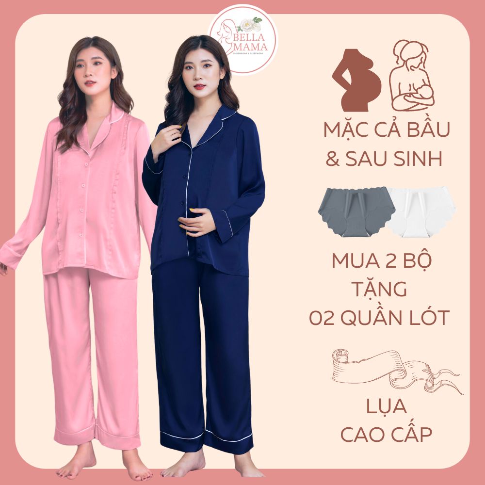 Bộ Bầu Mặc Nhà Và Sau Sinh Lụa Cao Cấp Không Gây Kích Ứng Cho Da Mở Khóa Cho Con Bú Quần Chung Chỉnh Bụng Bella Mama Bn7