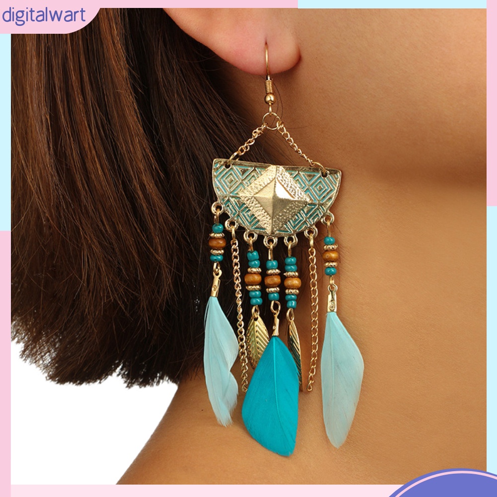 Bông Tai Hình Quạt Phối Lông Vũ Thời Trang Bohemian Dành Cho Nữ