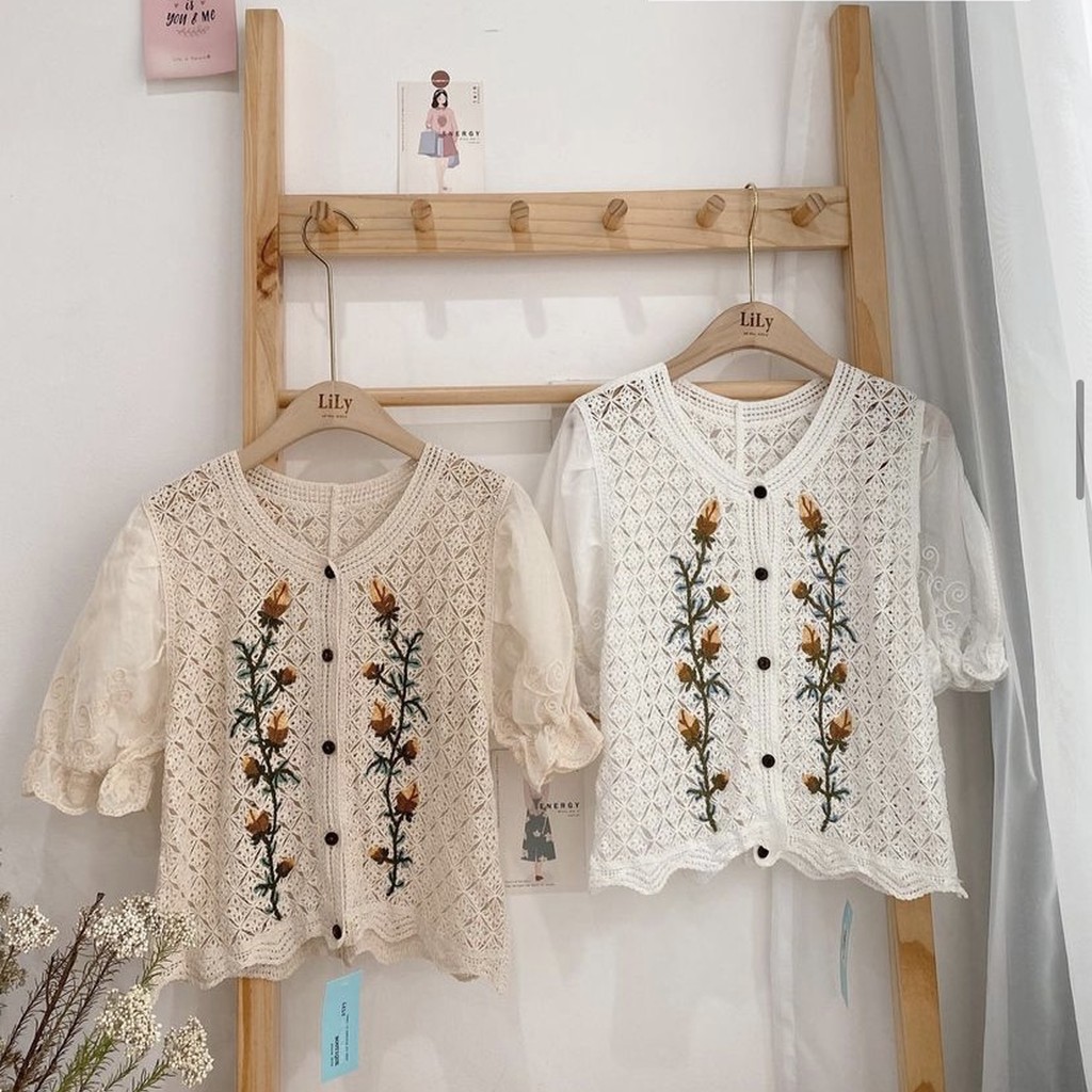 Áo thô đũi lưới thêu hoa siêu xinh Ulzzang style  Hàng Quảng Châu