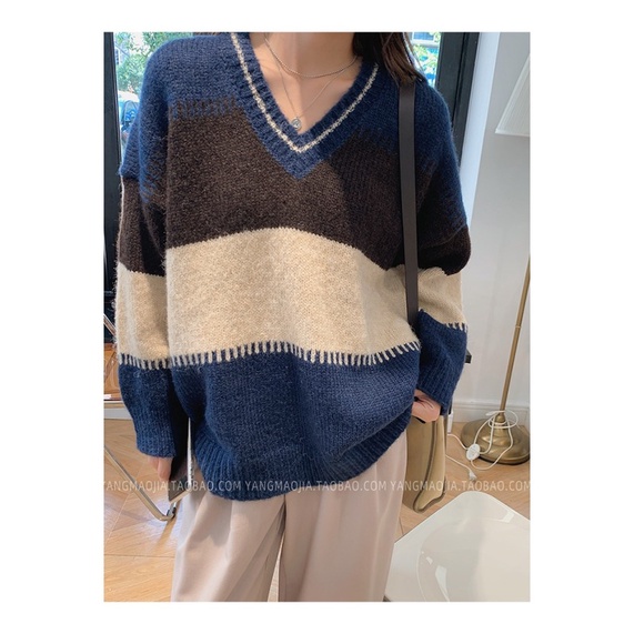 MỚI Áo len sọc ngang cổ chữ V thời trang nữ áo sweater nữ