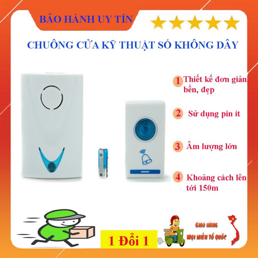 Chuông Báo Cửa, Chuông gọi cửa Kỹ Thuật Số Không Dây - Âm Lượng Lớn, Nhạc Phông Phú, An Toàn. Bảo Hành Uy Tín. Giá Hot