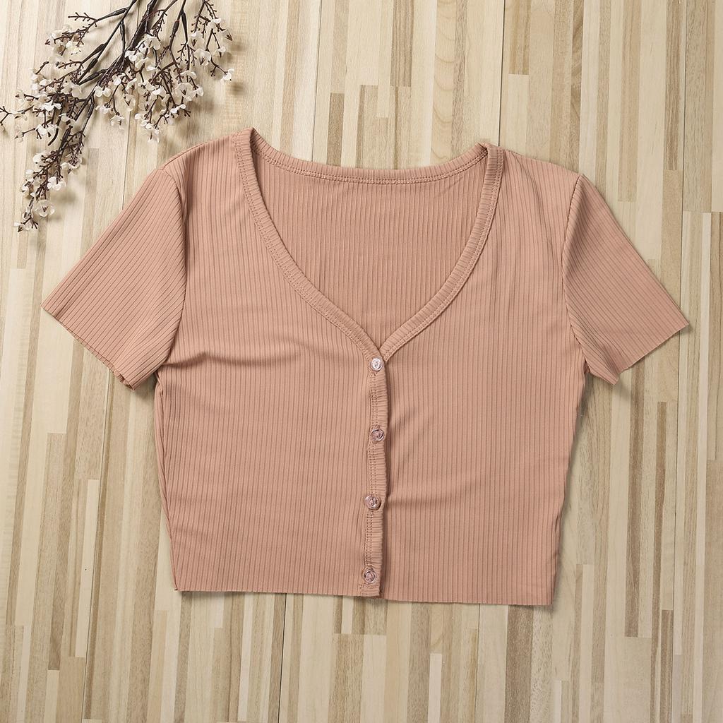 Áo Croptop Tay Ngắn Cổ Chữ V Phối Nút Thiết Kế Ôm Sát Tôn Dáng
