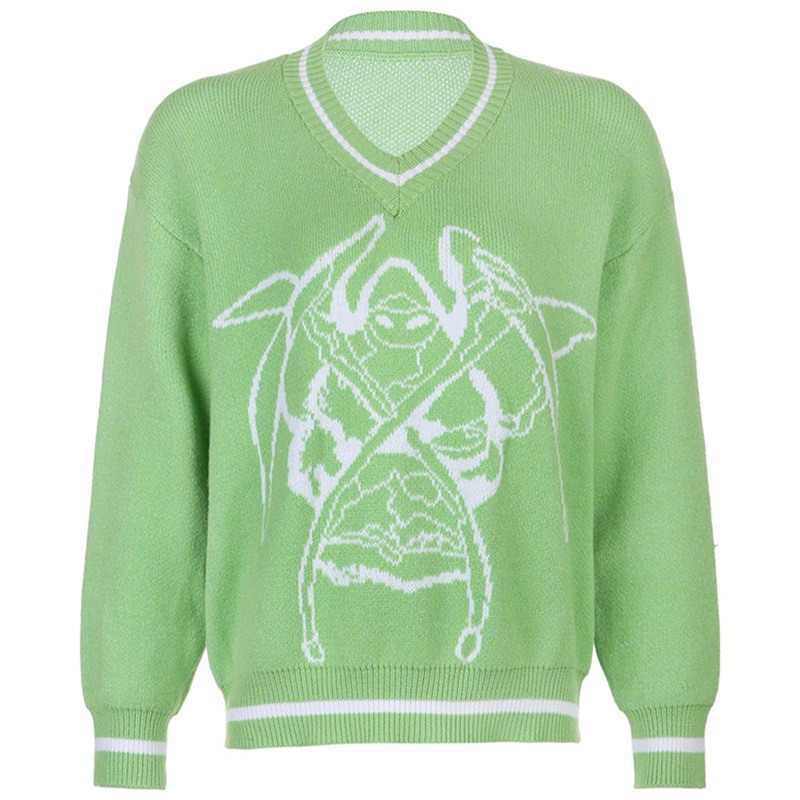 Áo Sweater Dệt Kim Tay Dài Cổ Chữ V In Hình Quỷ Thời Trang Harajuku Dành Cho Nữ