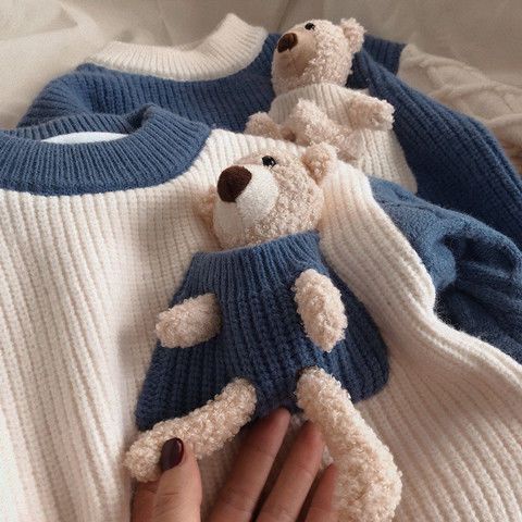 Áo Sweater Dệt Kim Cổ Tròn Màu Sắc Tương Phản Phong Cách Hàn Quốc Cho Bé