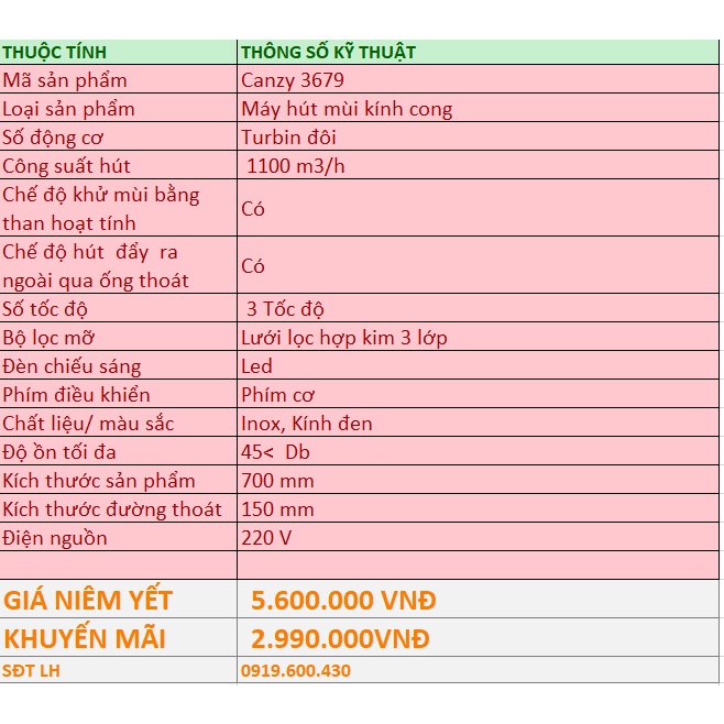 HÚT MÙI CANZY CZ - 70TS  KÍNH CONG