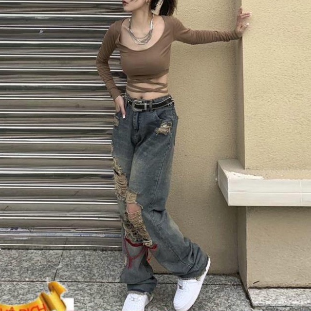 Quần jean nam nữ ống rộng unisex rách phong cách hiphop