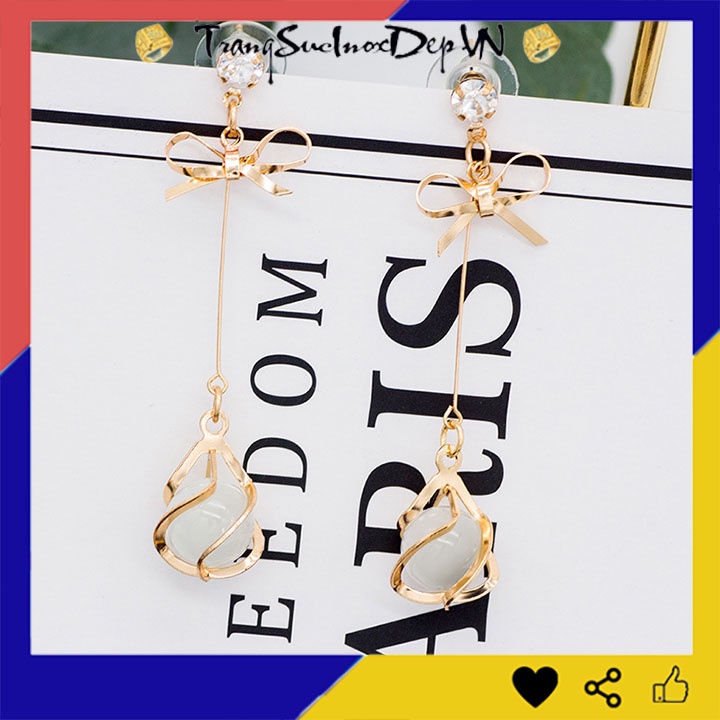 Bông tai nữ kiểu nơ màu vàng rớt đs mắt mèo phong cách Hàn Quốc dễ thương thích hợp đi dự tiệc, số lượng 1 đôi