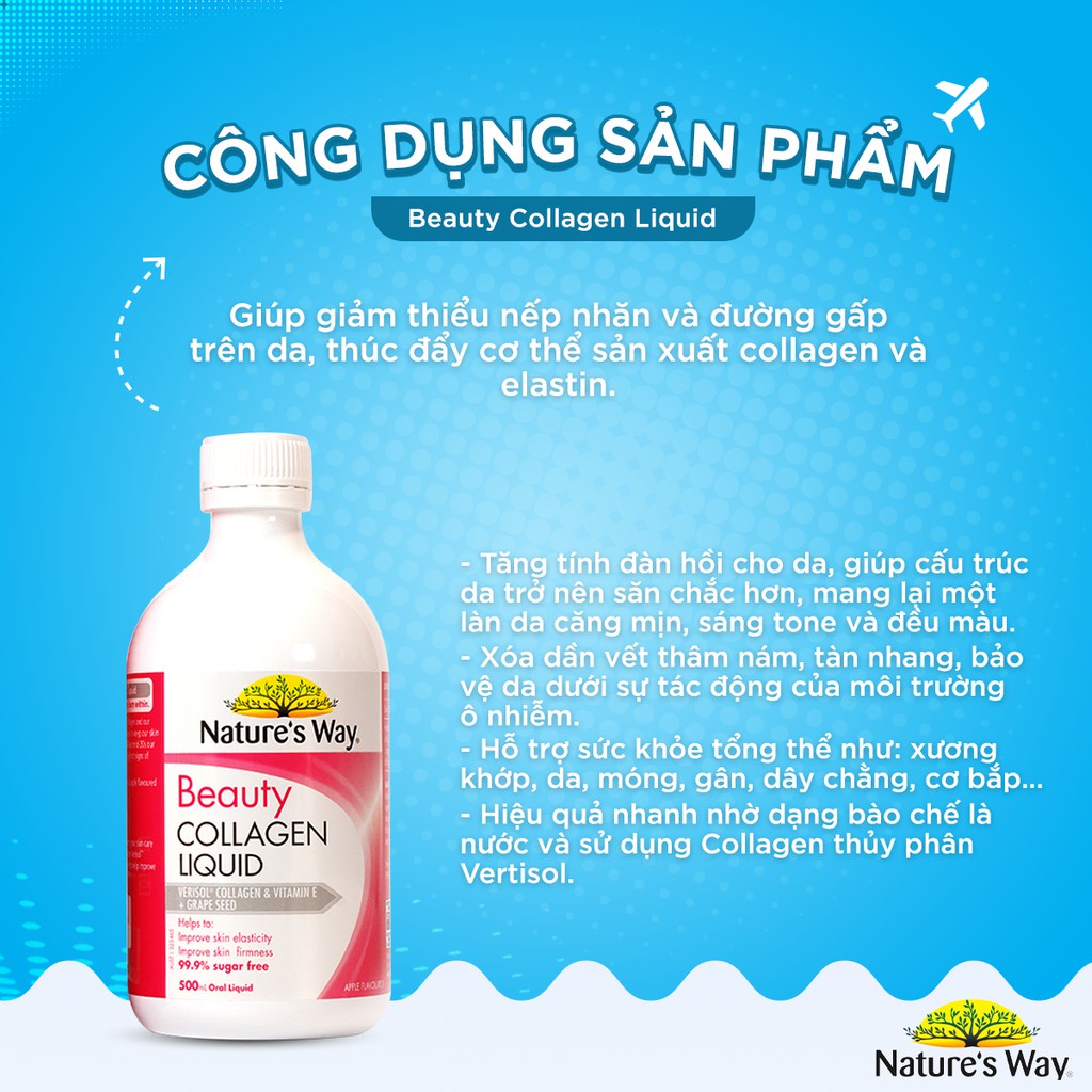 Collagen Dạng Nước Bổ Sung Collagen Thủy Phân Giúp Sáng Da Nature's Way Beauty Collagen Liquid 500ml - Date mới