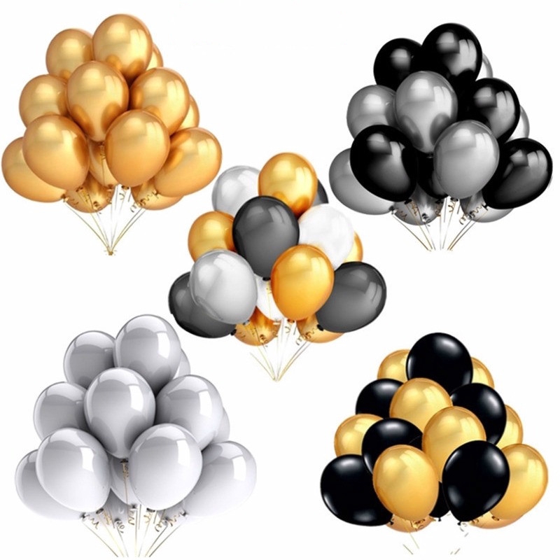 Set 20 Bong Bóng Cao Su Latex 12 Inch Màu Vàng/Bạc/Đen Trang Trí Tiệc Sinh Nhật/Đám Cưới RM9