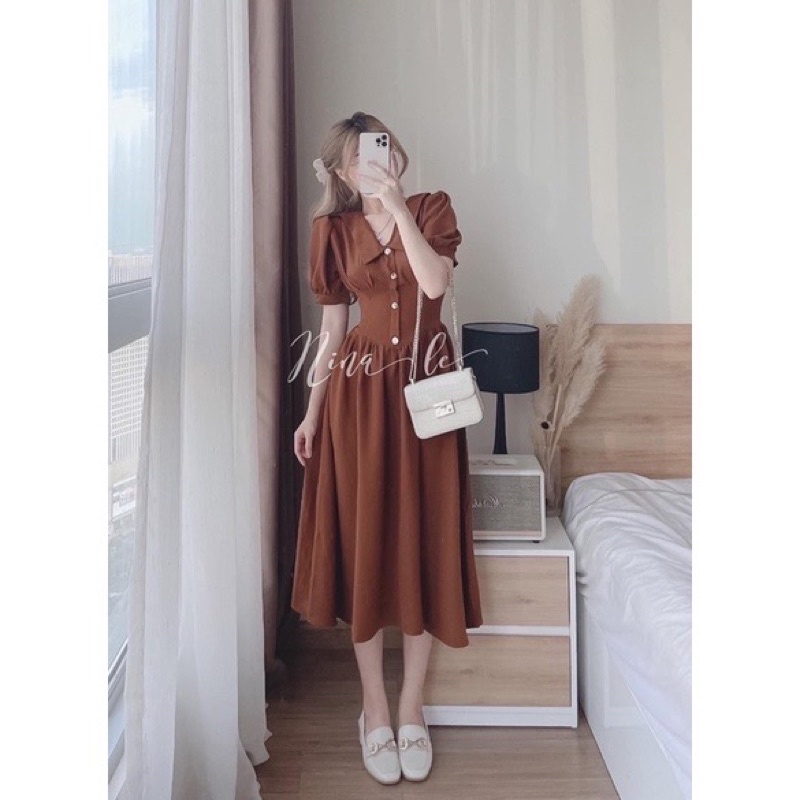 Vây xoè nữ , váy xoè cổ V tay bồng chiết eo | BigBuy360 - bigbuy360.vn