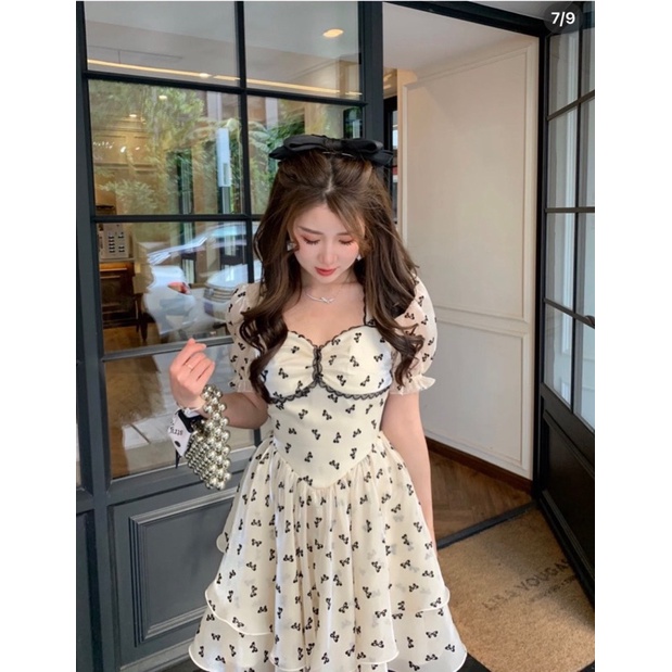 ĐẦM HOA KEM TẦNG VIỀN REN ĐEN NGỰC NƠ LƯNG SAU BO CHUN