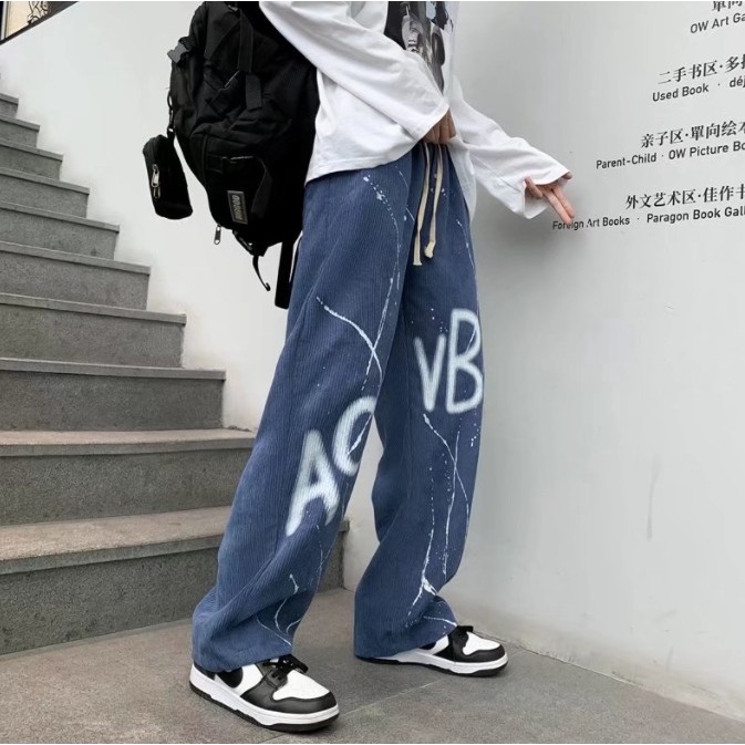 Quần dài dáng rộng ống suông phong cách đường phố Mỹ cá tính cho nam quần jean nam in chữ Quần tây nam sọc thời trang phong cách hàn quốc