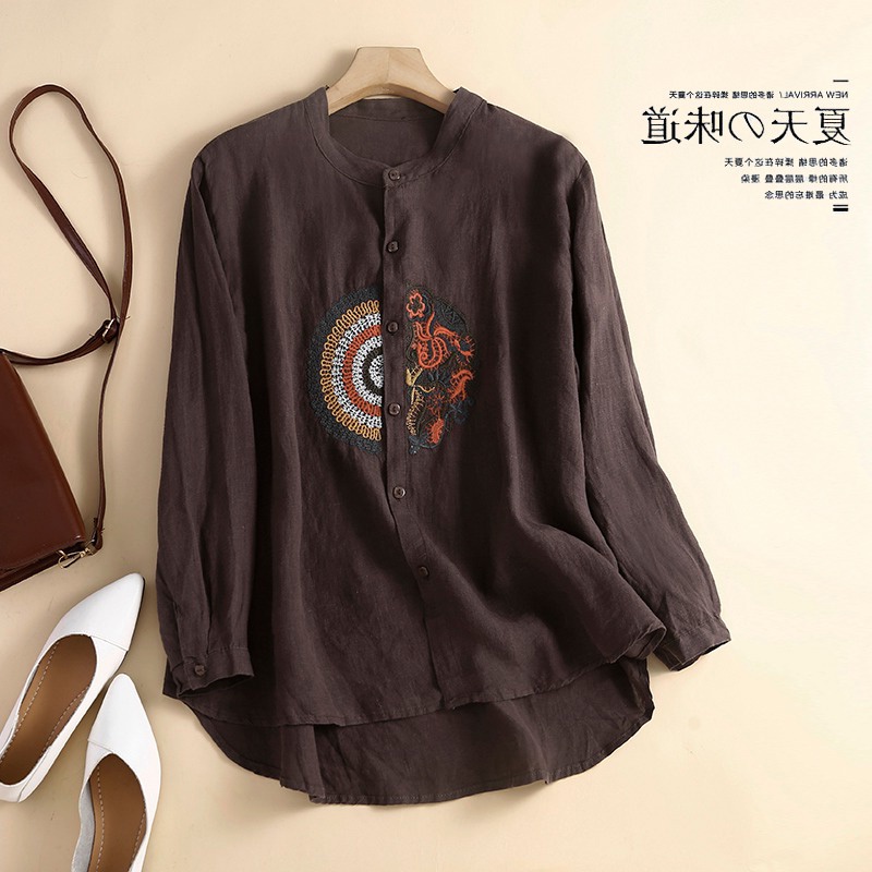 Ice cotton linen women's shirt ethnic style embroidered linen long-sleeved tops pick up ~ Japanese original single