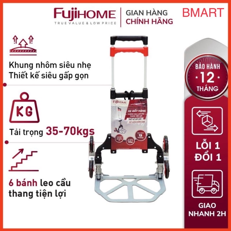 Xe kéo hàng leo cầu thang Fujihome CC-675, thương hiệu Nhật Bản 6 bánh 70kg, xe đẩy hàng leo cầu thang gấp gọn đa năng