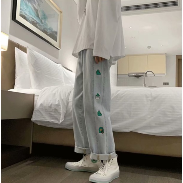 Quần jean ống suông rộng in họa tiết bên hông thời trang Hàn Quốc cho nam và nữ
 | BigBuy360 - bigbuy360.vn