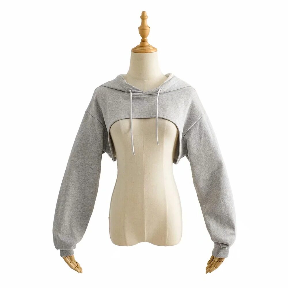 Áo Hoodie Siêu Ngắn Thể Thao Dây Rút Tay Dài Màu Trơn Cho Nữ